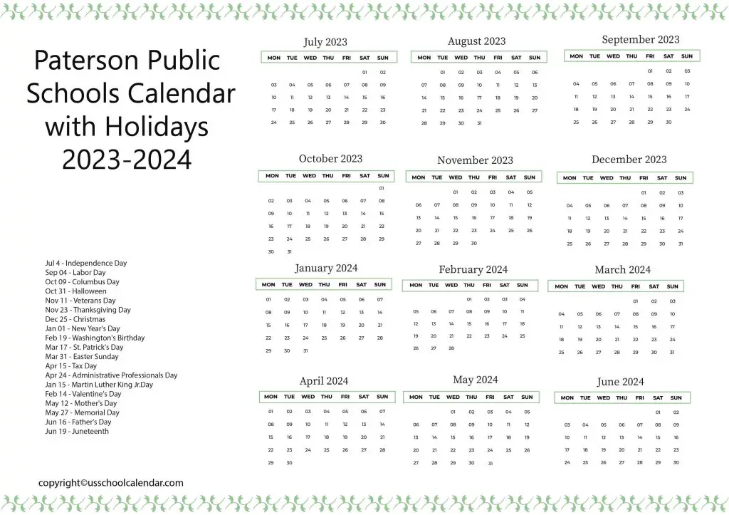 Paterson Public Schools Calendar
