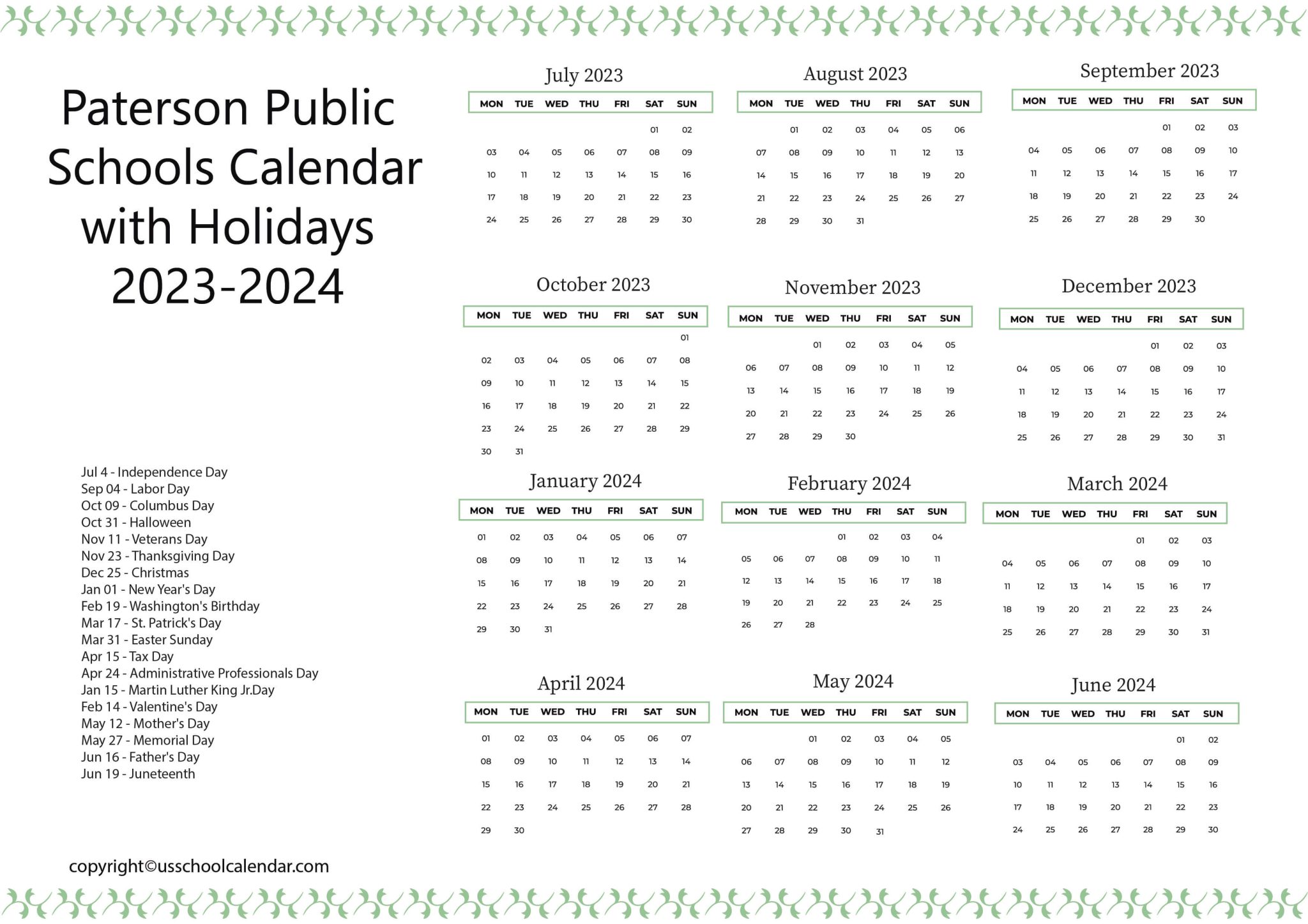 Paterson Public Schools Calendar with Holidays 2023-2024