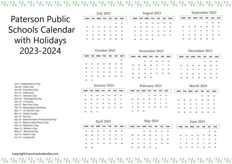 Paterson Public Schools Calendar with Holidays 20232024