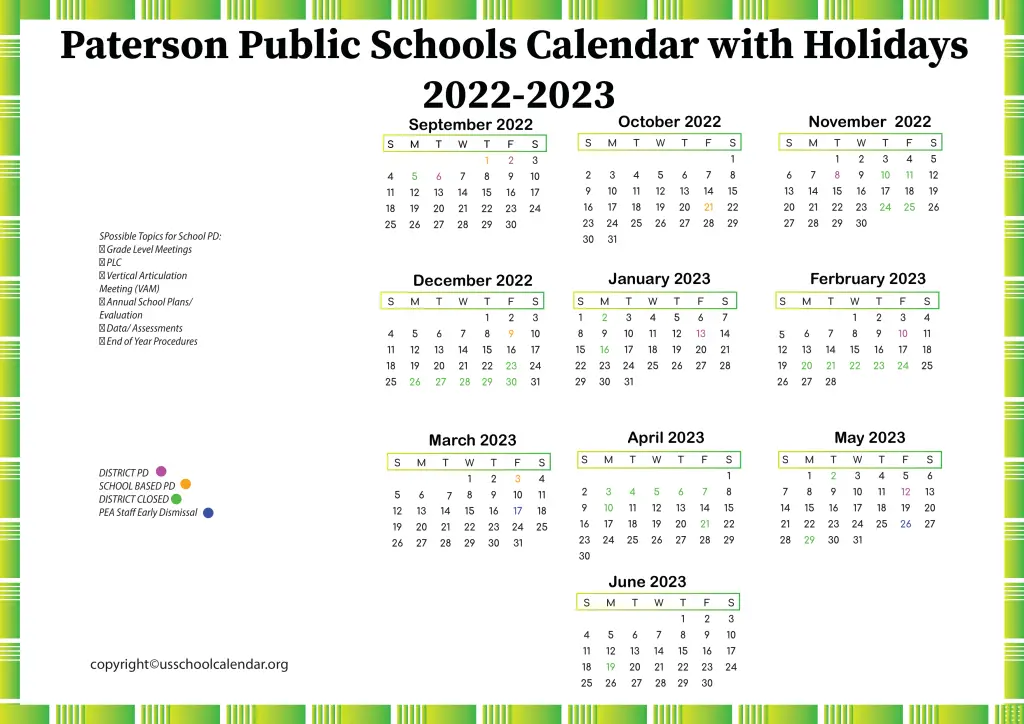 Paterson Public Schools Calendar with Holidays 2022-2023