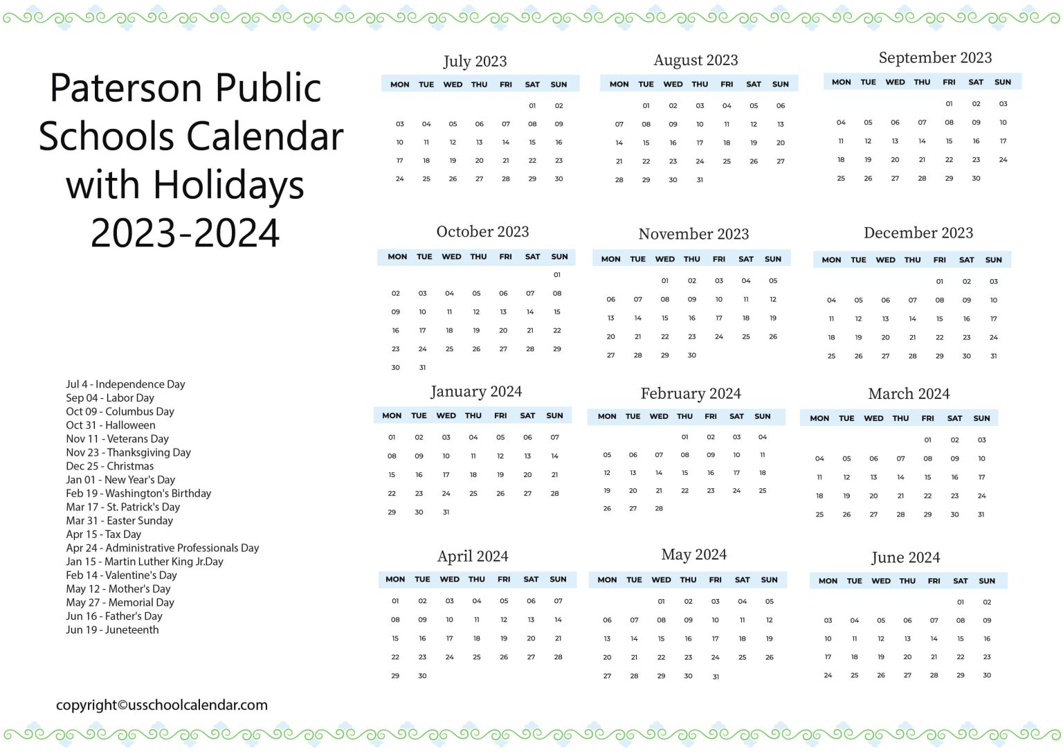 Paterson Public Schools Calendar with Holidays 20232024