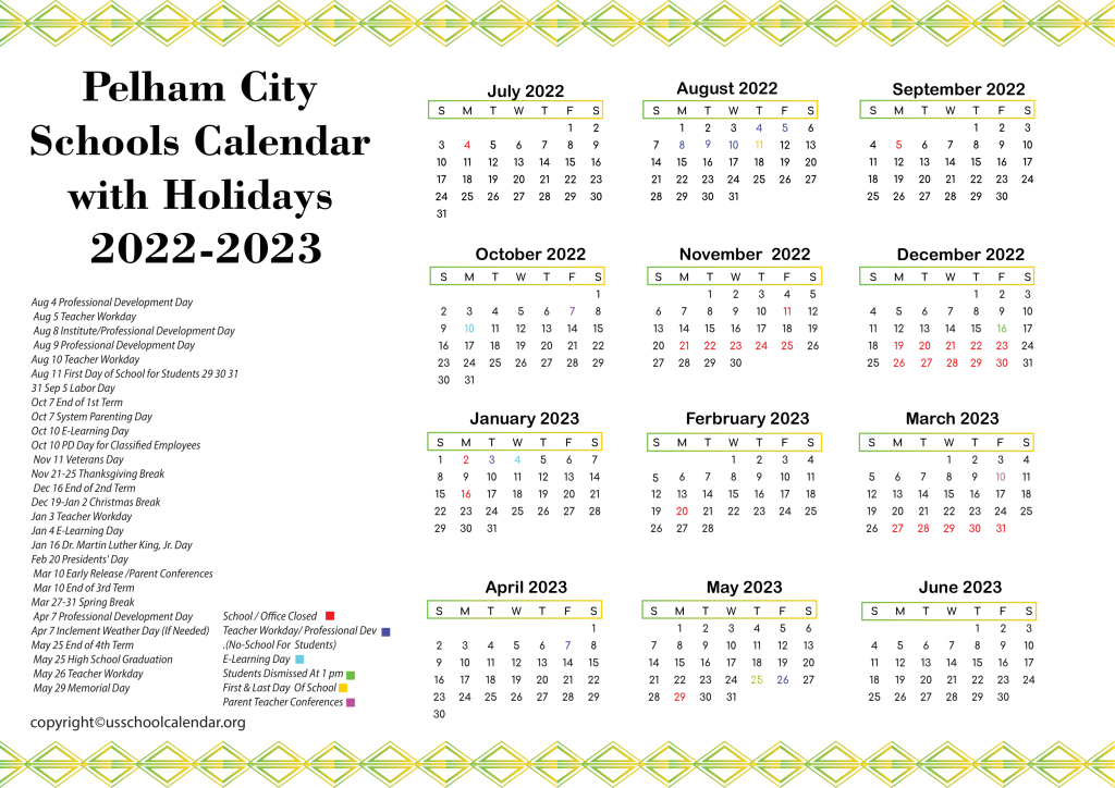 Pelham City Schools Calendar with Holidays 2022-2023