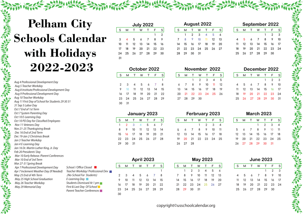 Pelham City Schools Calendar with Holidays 2022-2023 2