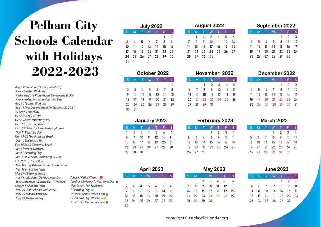 Pelham City Schools Calendar with Holidays 2022-2023 3