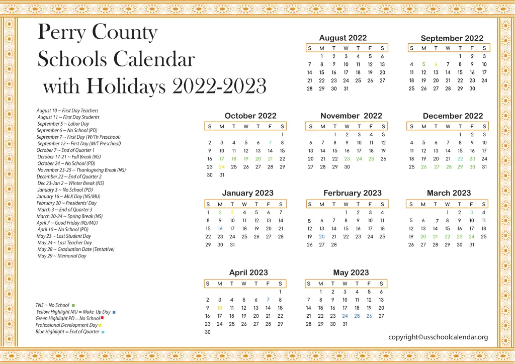 Perry County Schools Calendar with Holidays 2022-2023