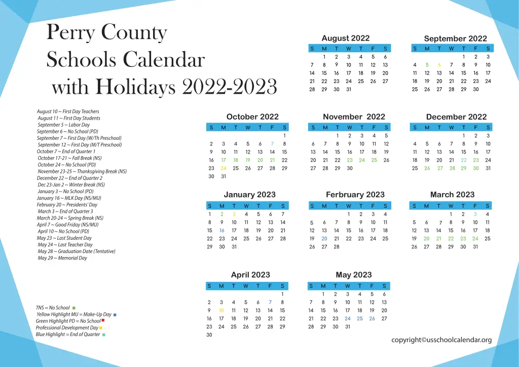 Perry County Schools Calendar with Holidays 2022-2023 2