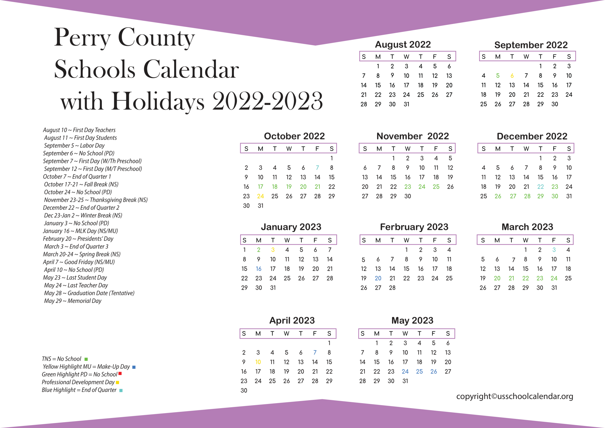 Perry County Schools Calendar with Holidays 20222023