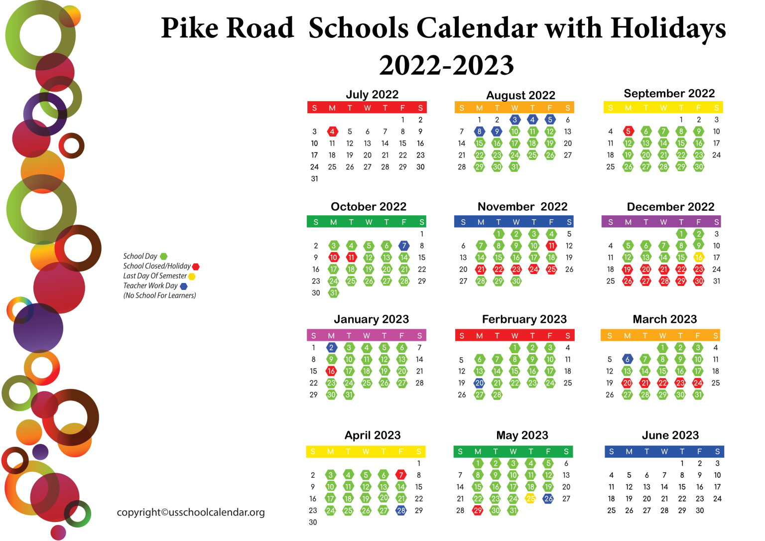 Pike Road Schools Calendar with Holidays 20222023