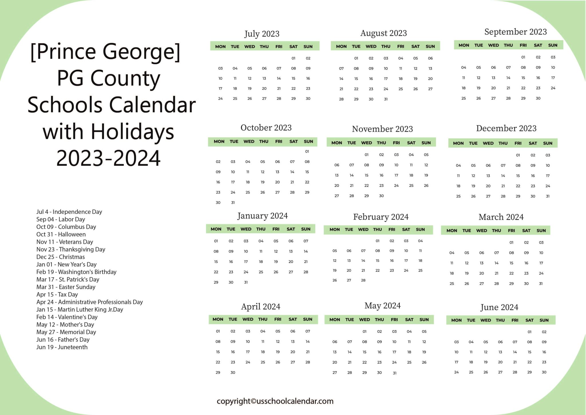 [Prince PG County Schools Calendar Holidays 20232024