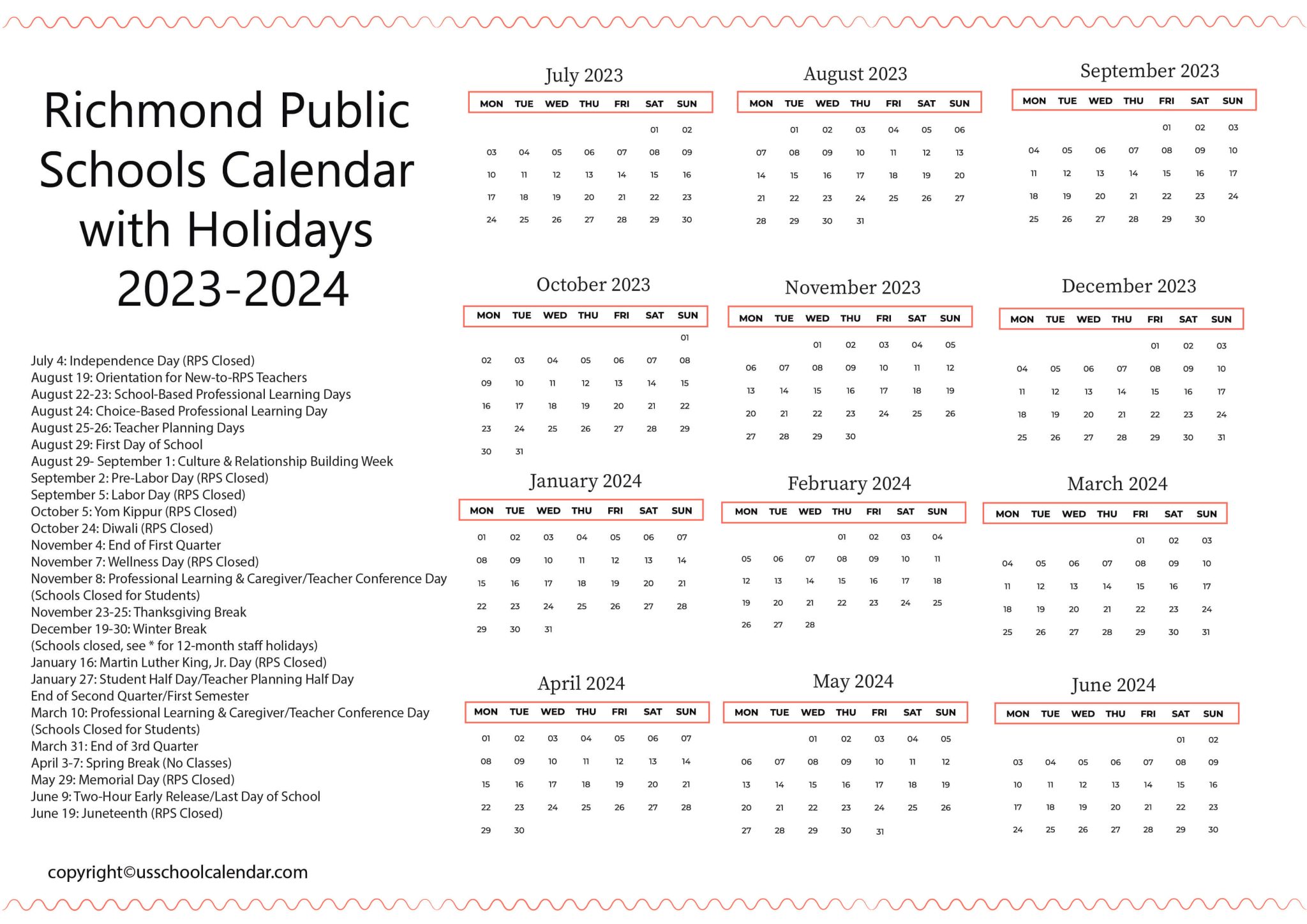 Richmond Public Schools Calendar with Holidays 20232024