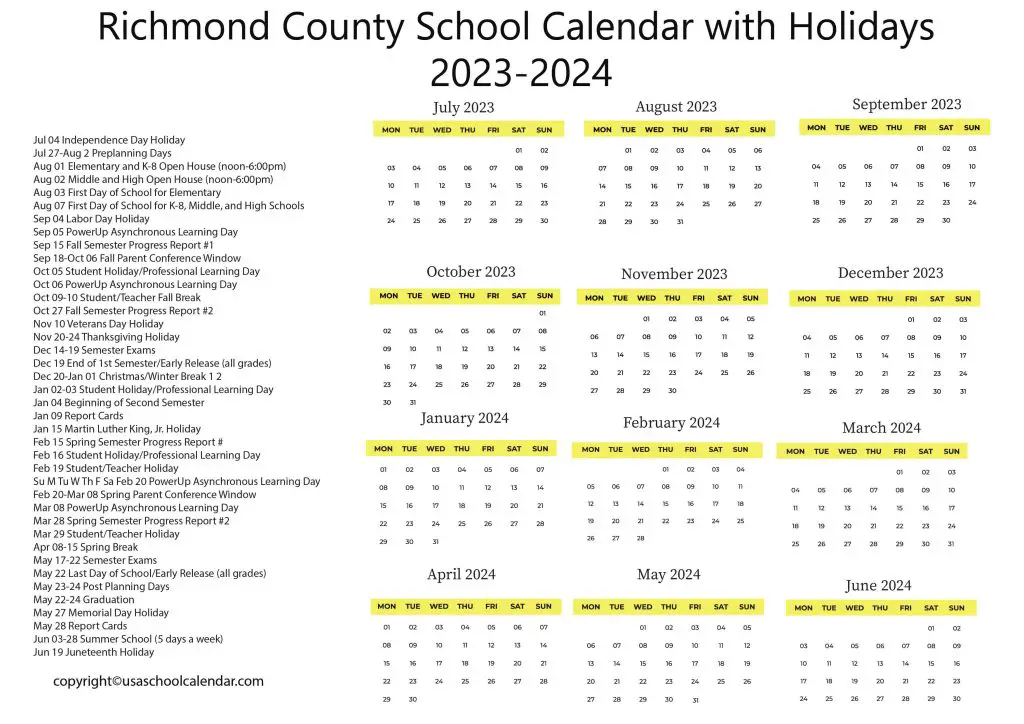 Richmond County School Calendar
