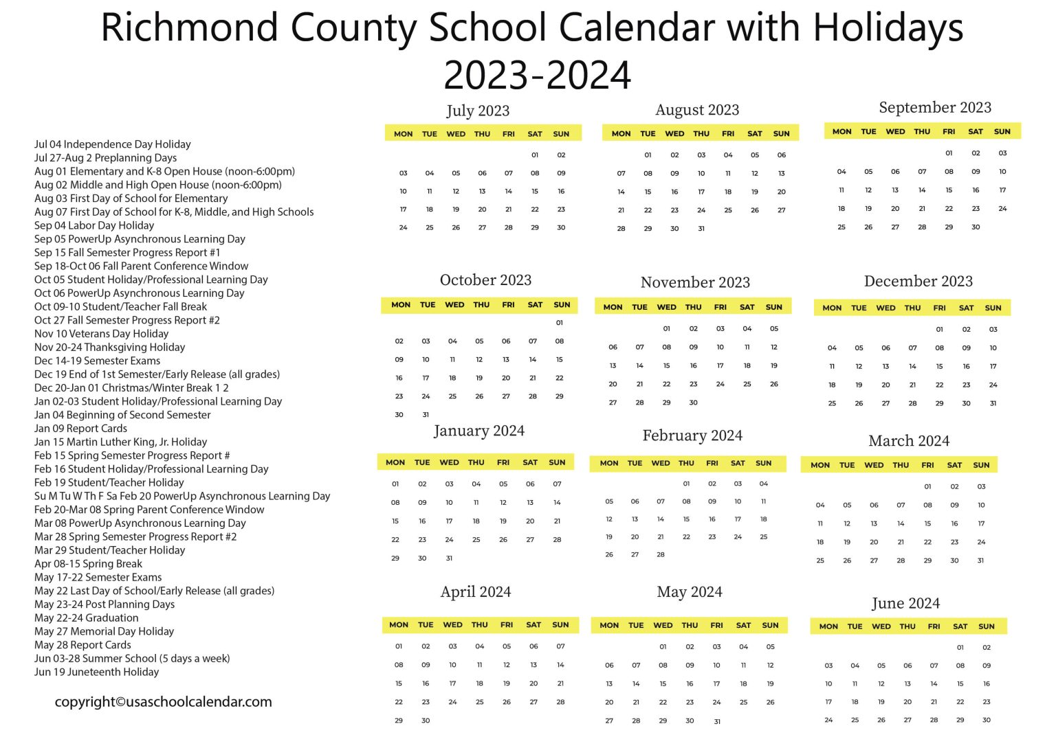 Richmond County School Calendar with Holidays 20232024