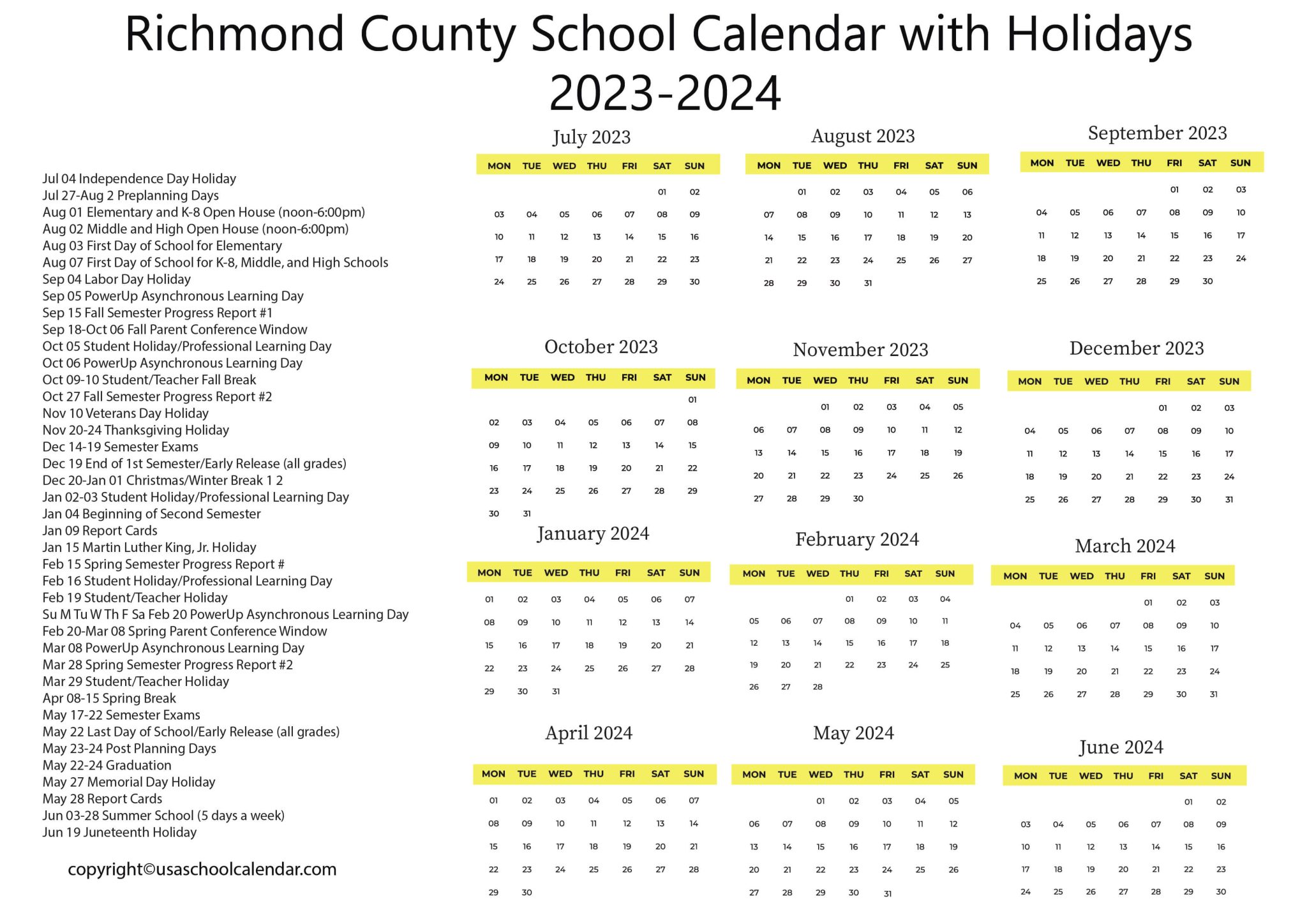 Richmond County School Calendar with Holidays 2023 2024
