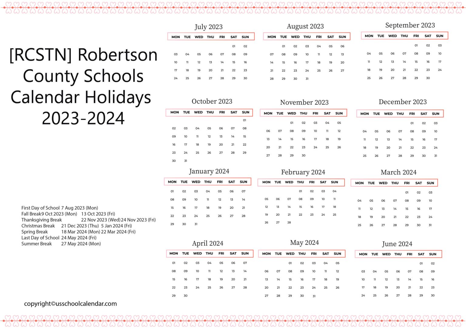 [RCSTN] Robertson County Schools Calendar Holidays 20232024