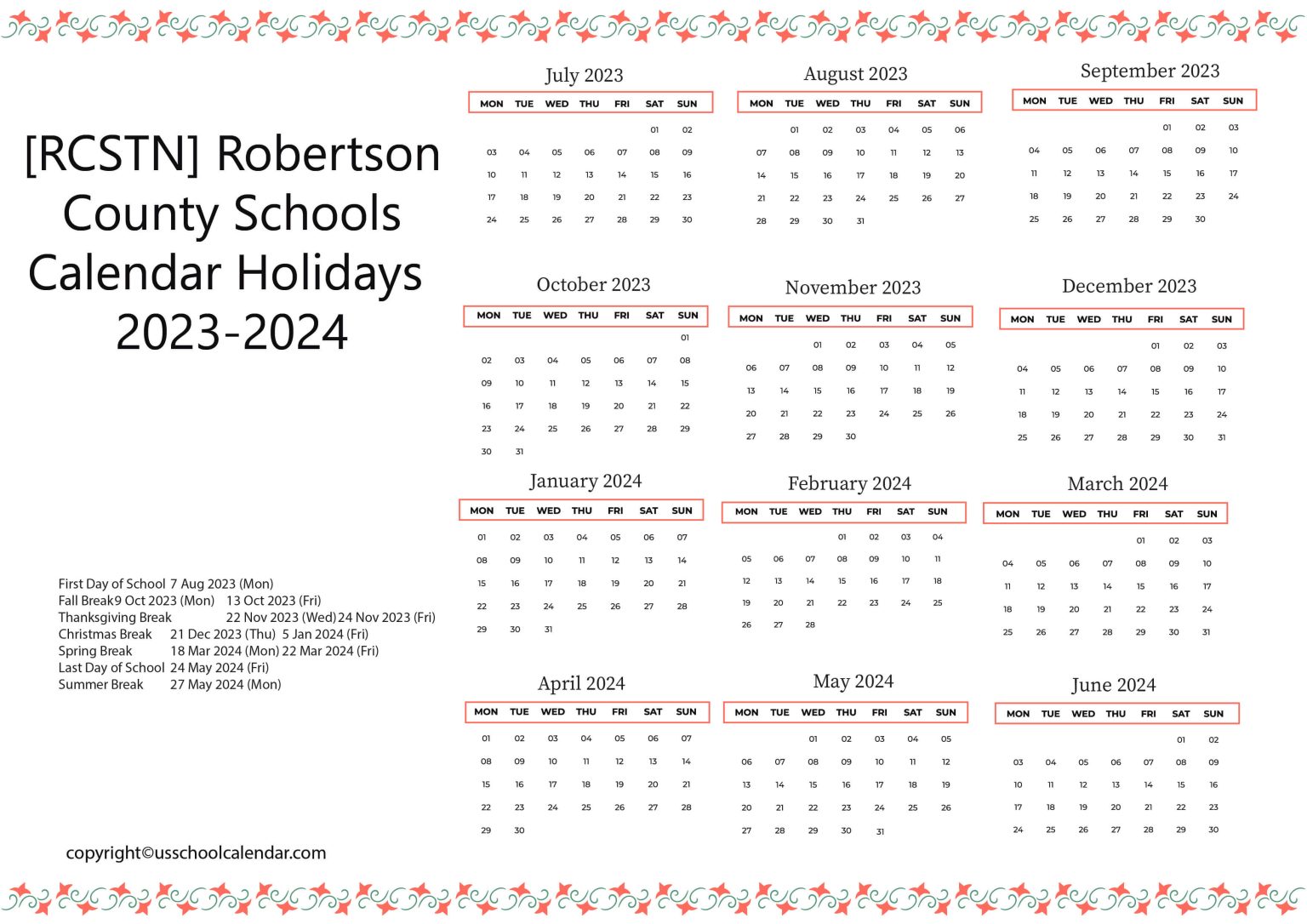 RCSTN Robertson County Schools Calendar Holidays 2023 2024