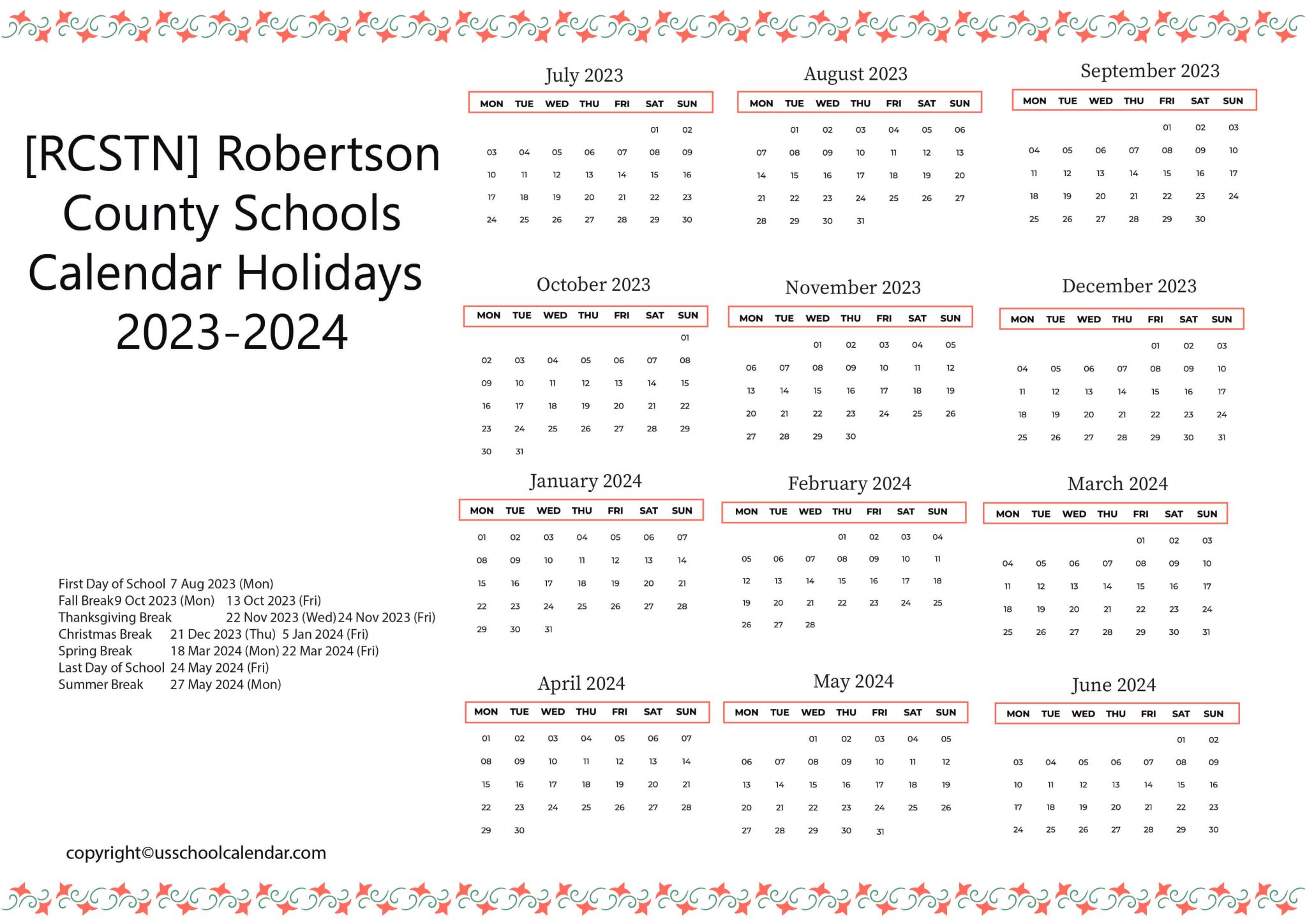 [RCSTN] Robertson County Schools Calendar Holidays 20252025