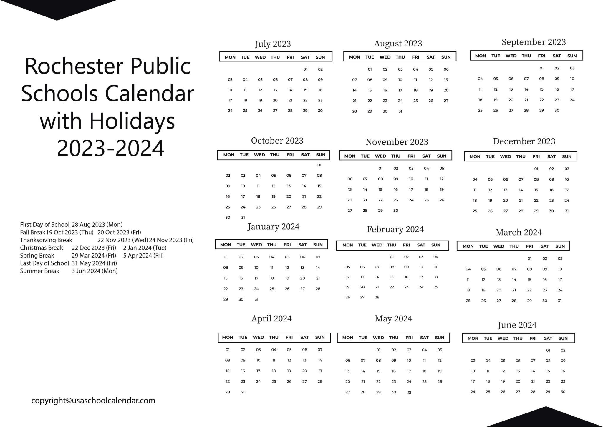 Rochester Public Schools Calendar with Holidays 20232024