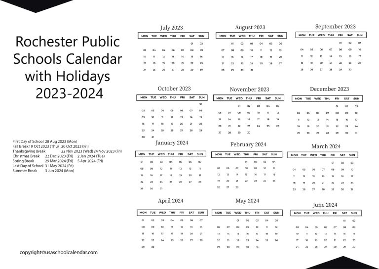 Rochester Public Schools Calendar with Holidays 2023 2024