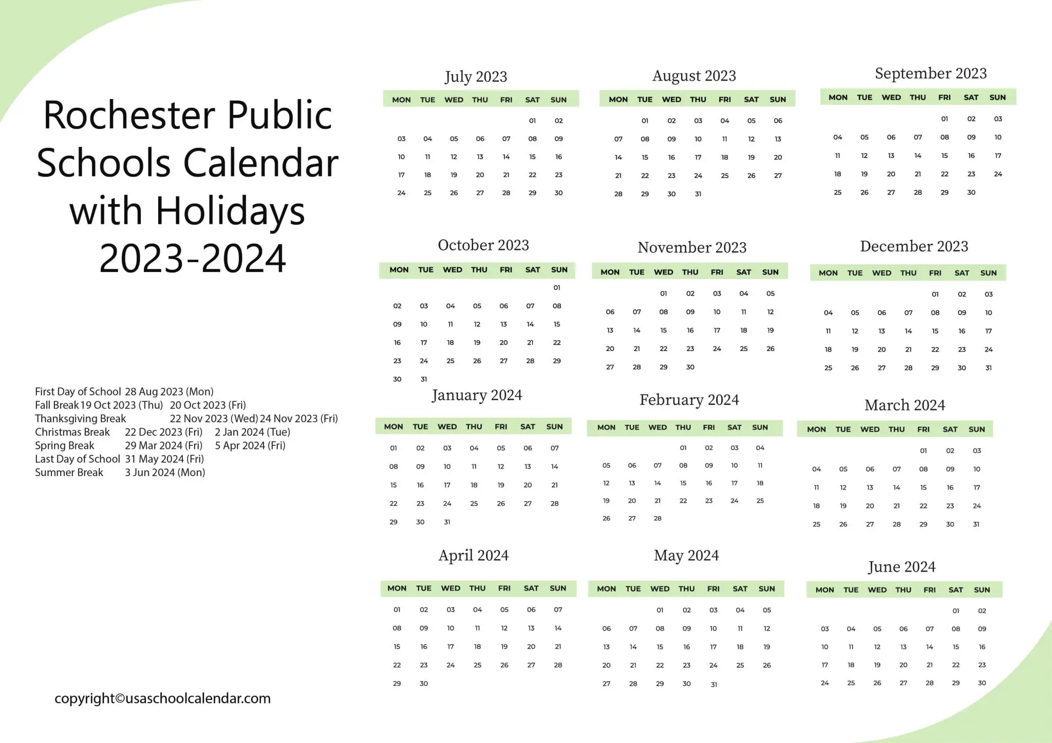 Rochester Public Schools Calendar with Holidays 2023 2024