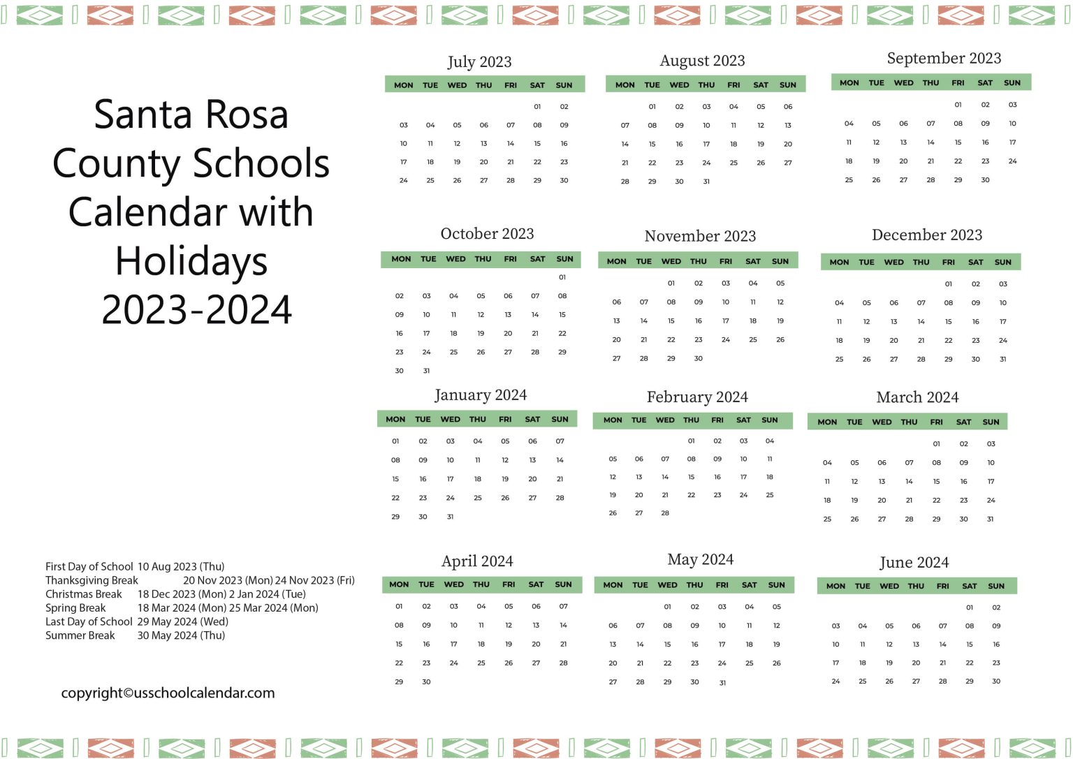 Santa Rosa County Schools Calendar with Holidays 20232024