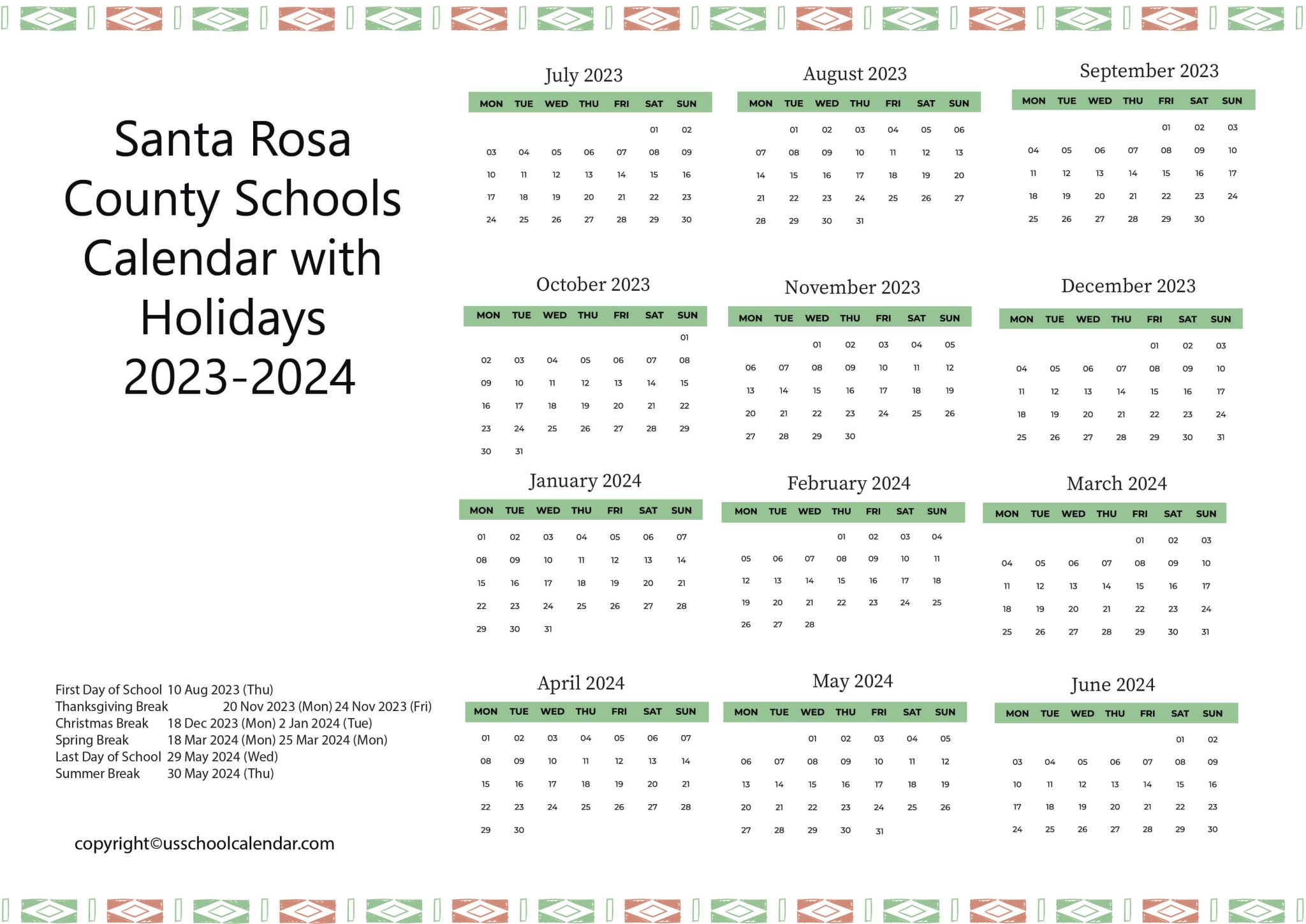Santa Rosa County Schools Calendar with Holidays 2023 2024