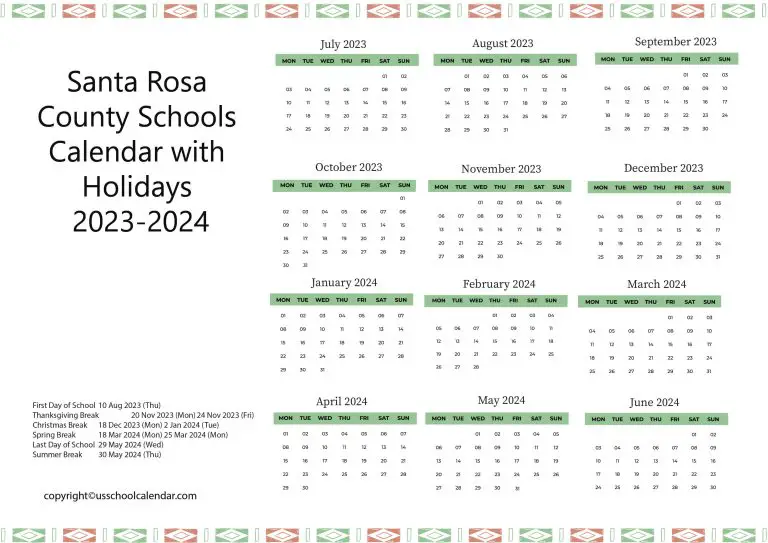 Santa Rosa County Schools Calendar with Holidays 20232024