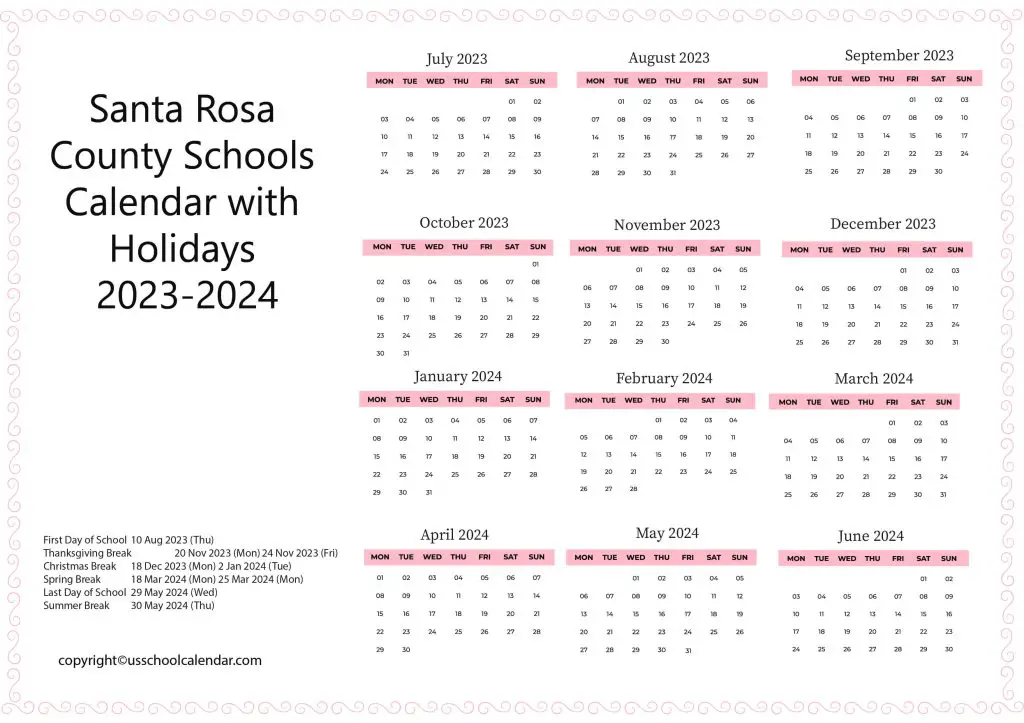 Santa Rosa School District Calendar
