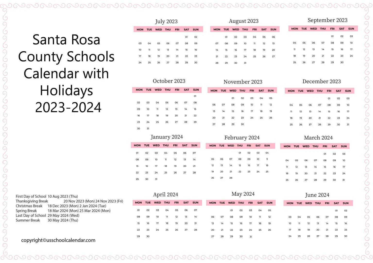 Santa Rosa County Schools Calendar with Holidays 20232024