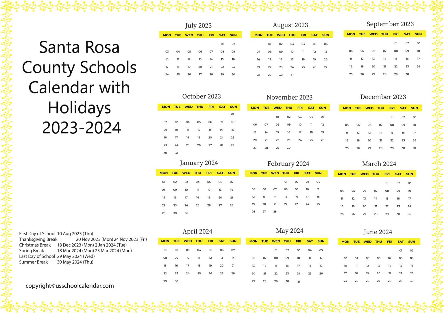 Santa Rosa County Schools Calendar with Holidays 20232024