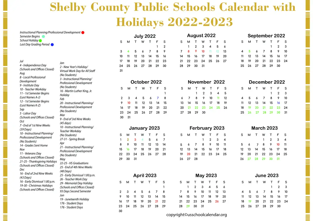 Shelby County Public Schools Calendar with Holidays 2022-2023