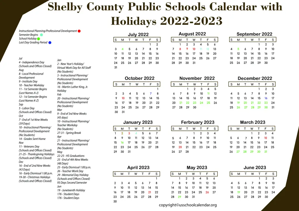 Shelby County Public Schools Calendar with Holidays 2022-2023 2