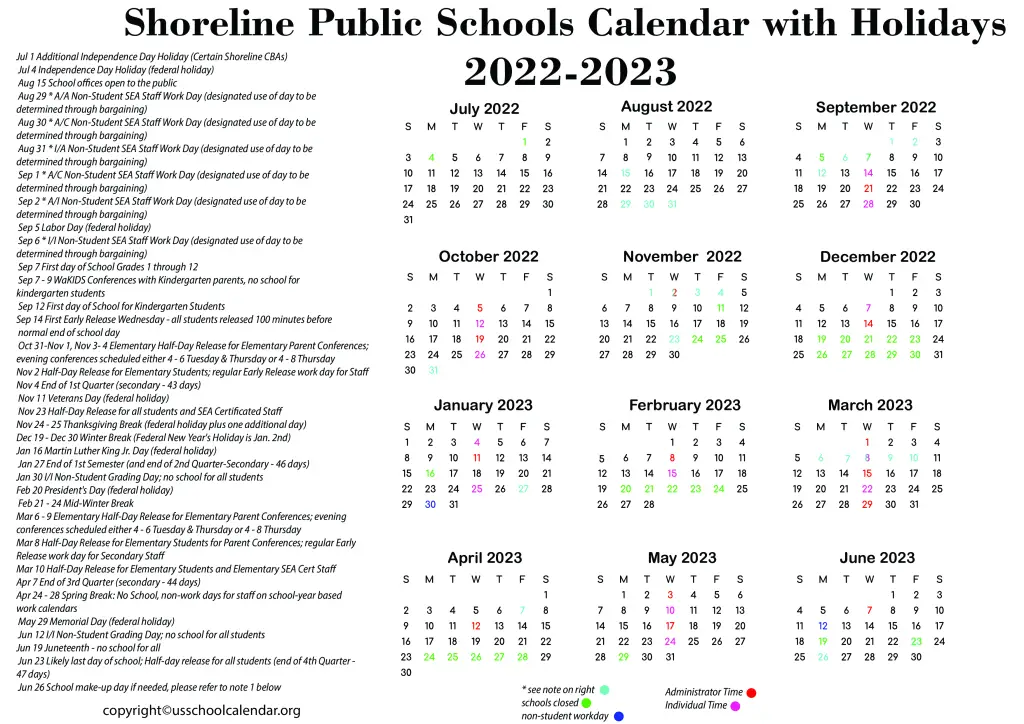 Shoreline Public Schools Calendar with Holidays 2022-2023