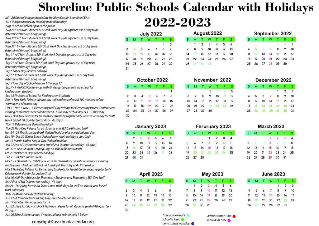 Shoreline Public Schools Calendar with Holidays 2022-2023 2