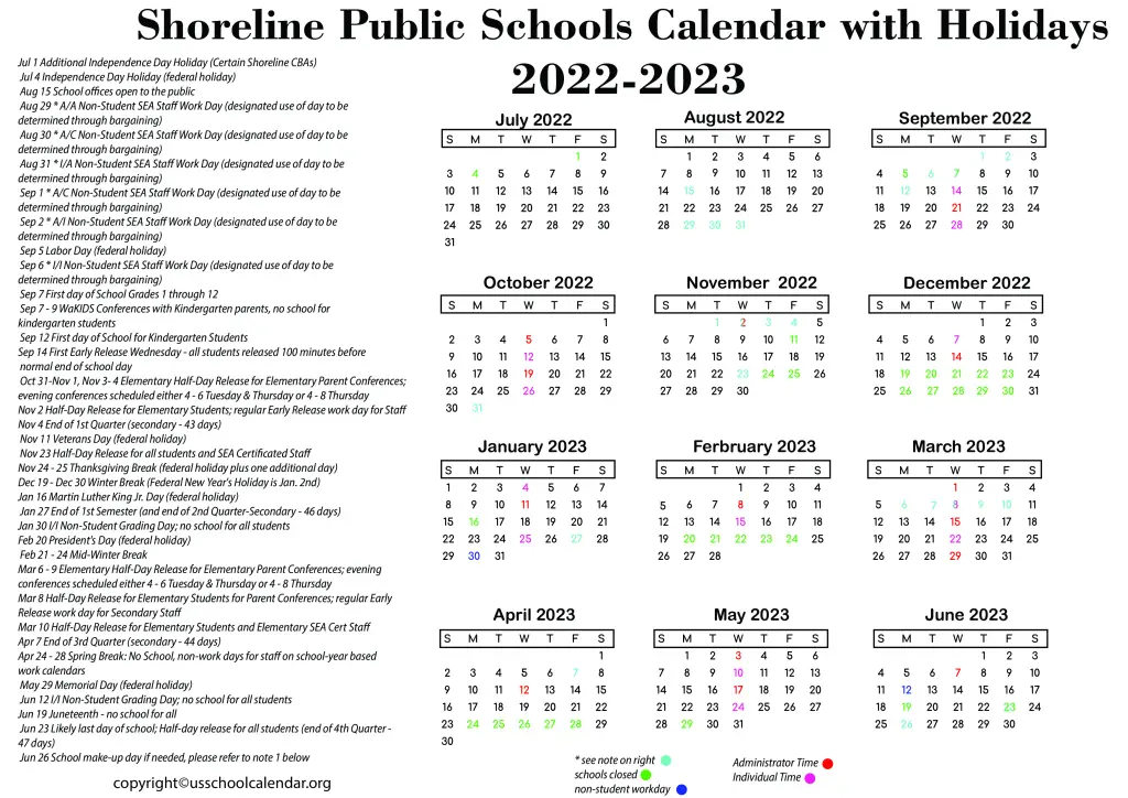 Shoreline Public Schools Calendar with Holidays 2022-2023 3