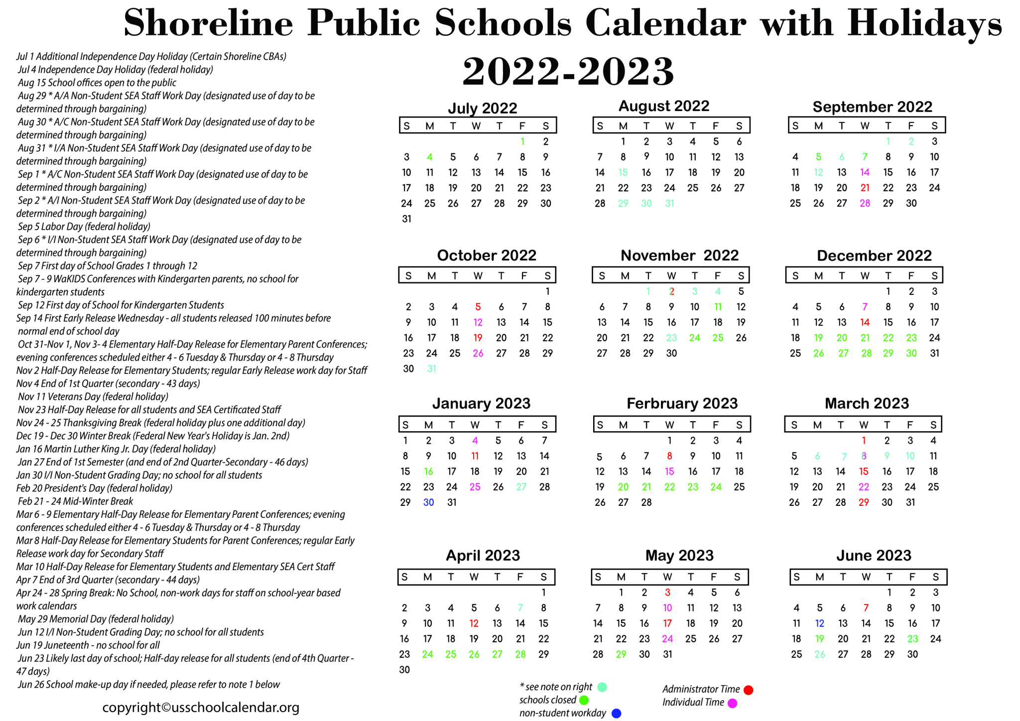 Shoreline Public Schools Calendar with Holidays 2022-2023