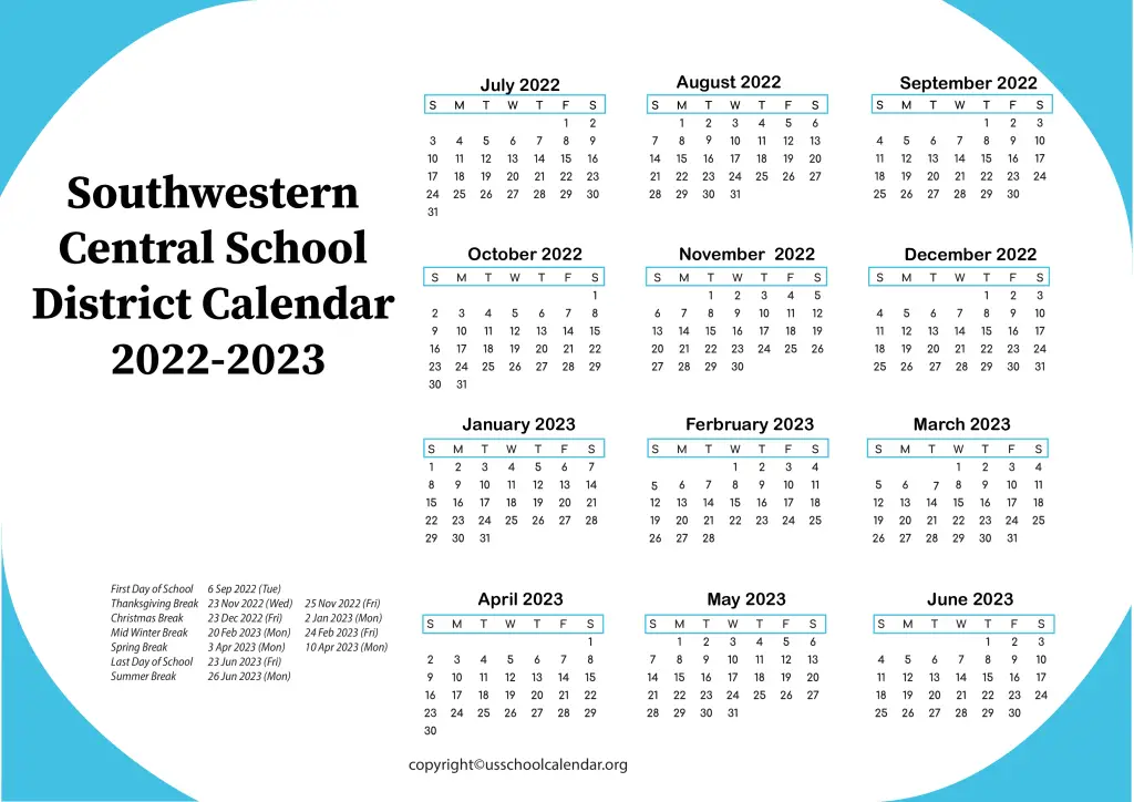 Southwestern Central School District Calendar 2022-2023