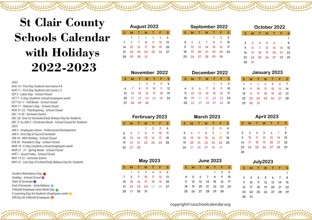 St Clair County Schools Calendar with Holidays 2022-2023
