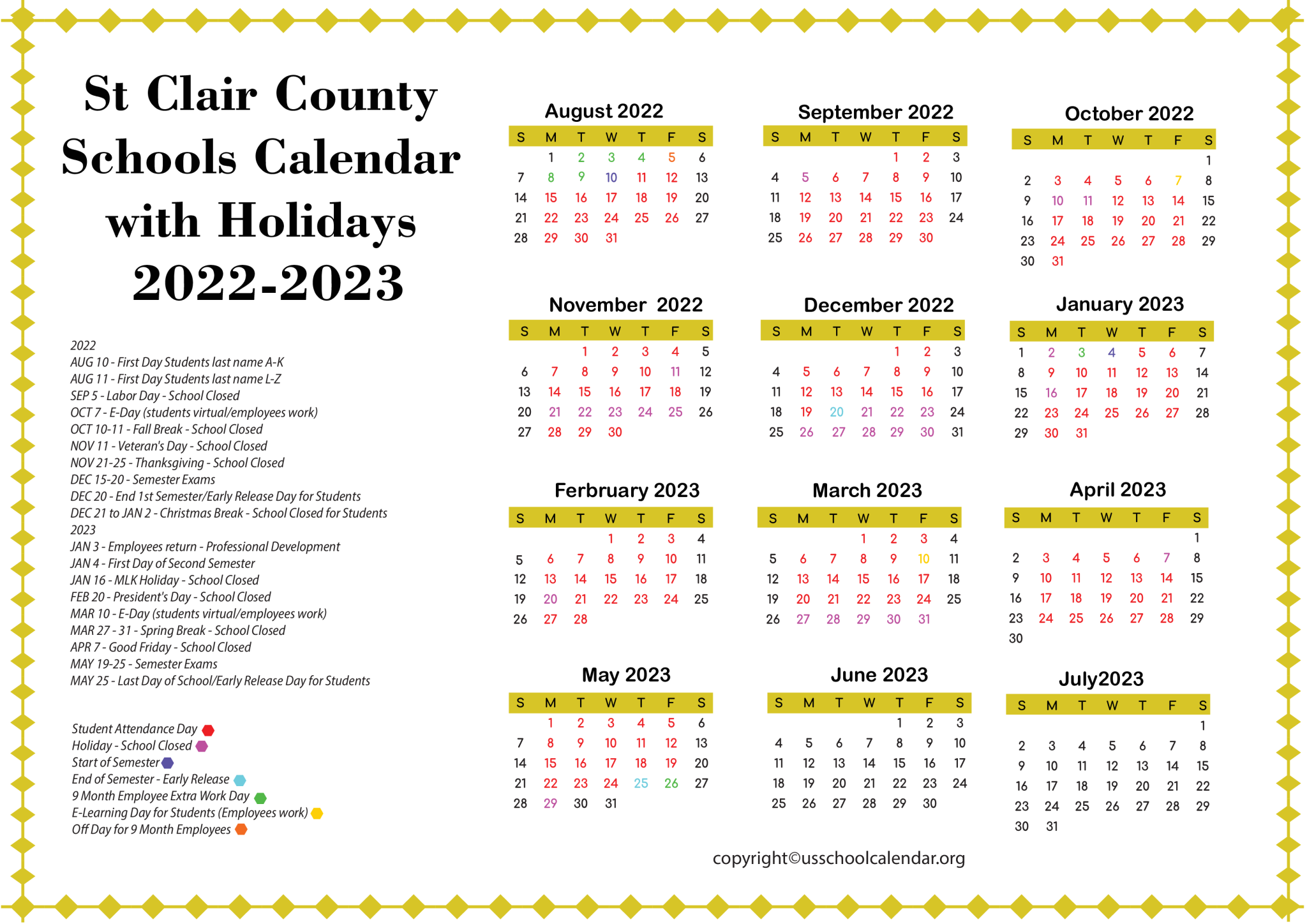 St Clair County Schools Calendar with Holidays 2022 2023