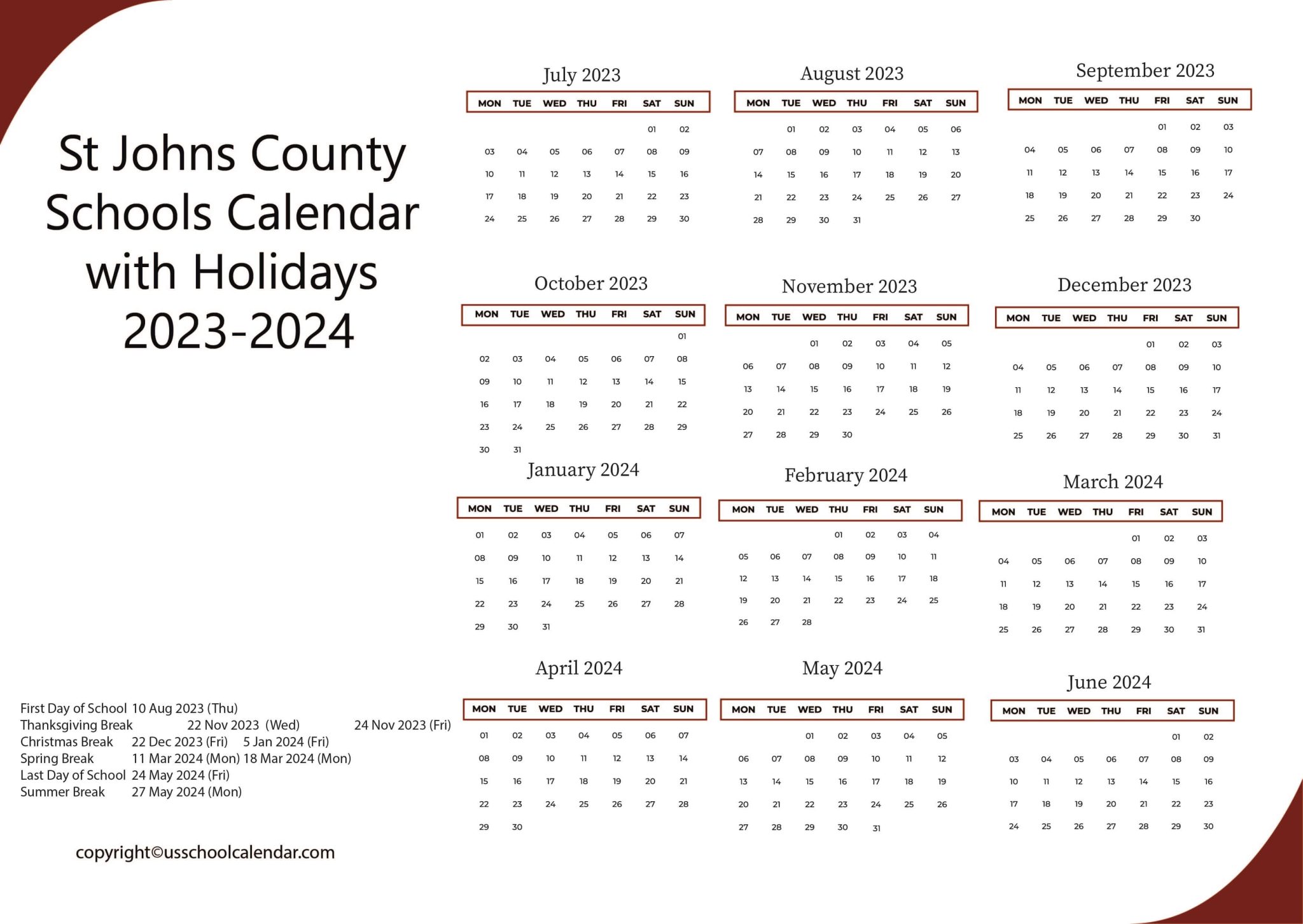 St Johns County Schools Calendar with Holidays 20232024