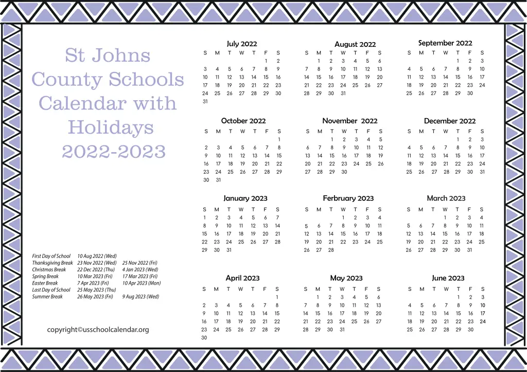 St Johns County Schools Calendar with Holidays 2022-2023 2