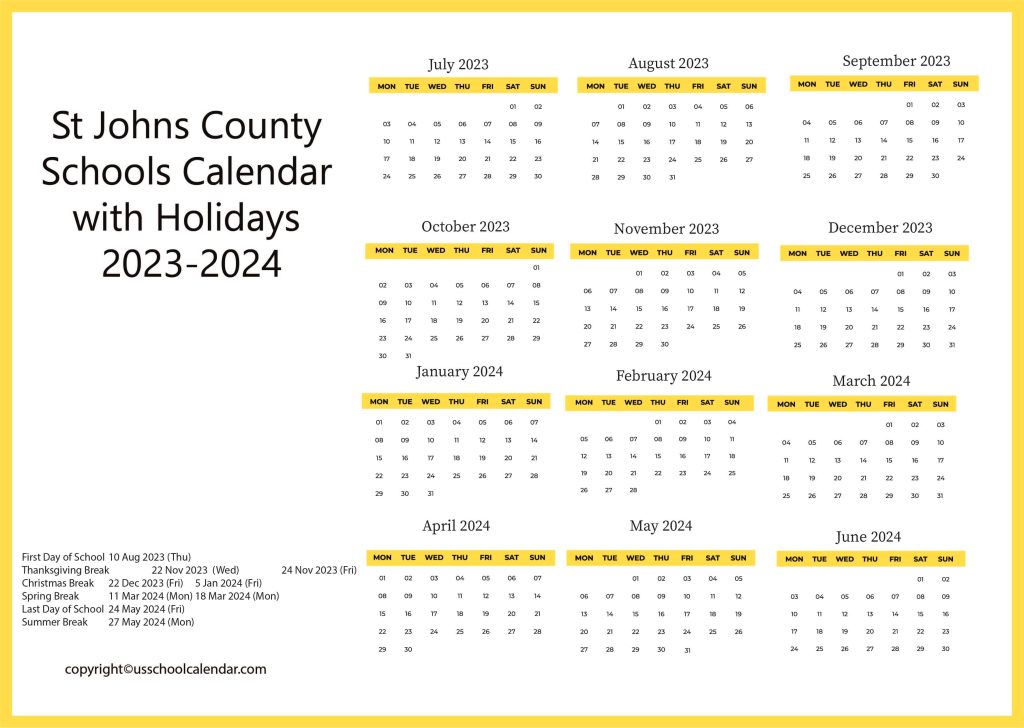St. Johns County School District Calendar
