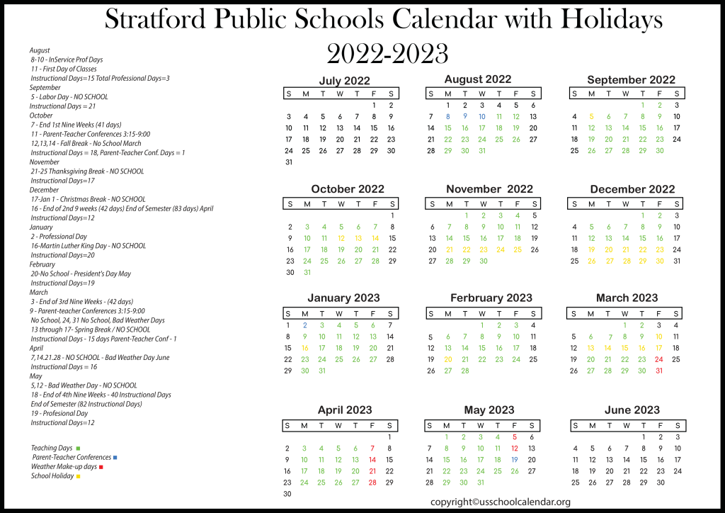 Stratford Public Schools Calendar with Holidays 2022-2023
