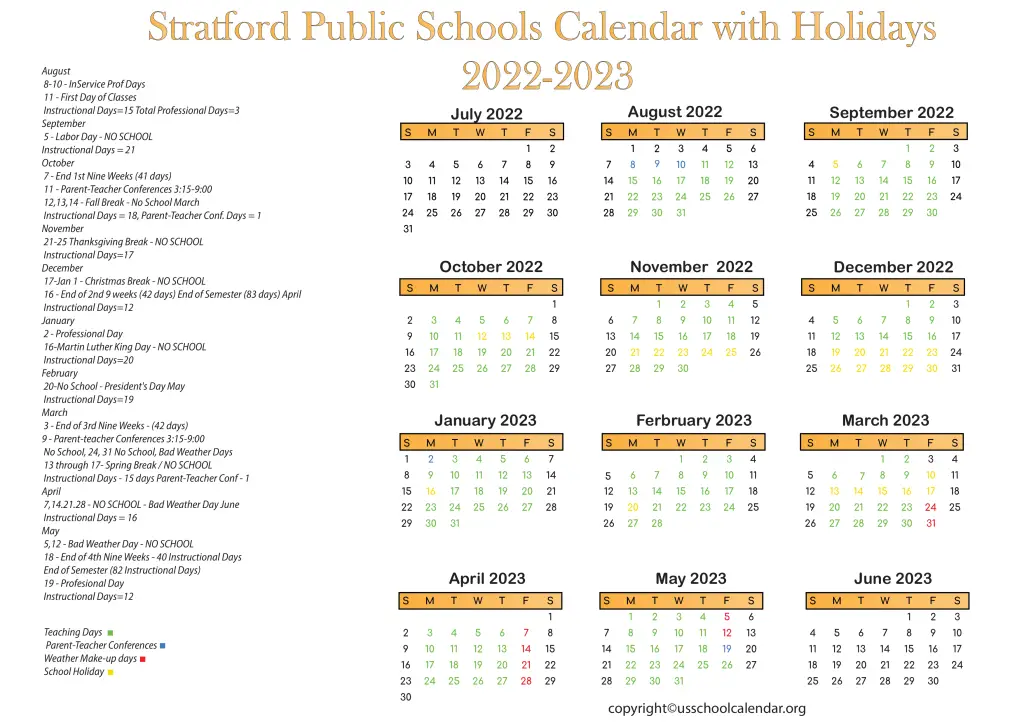 Stratford Public Schools Calendar with Holidays 2022-2023 3