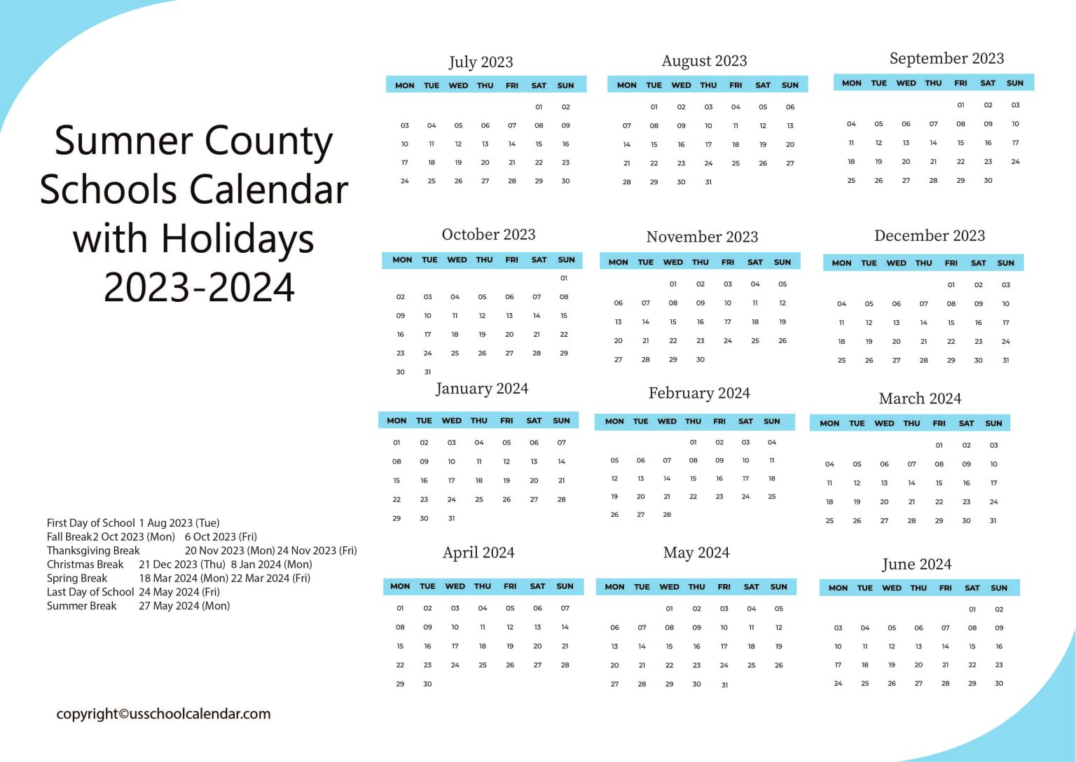 Sumner County Schools Calendar with Holidays 2023 2024