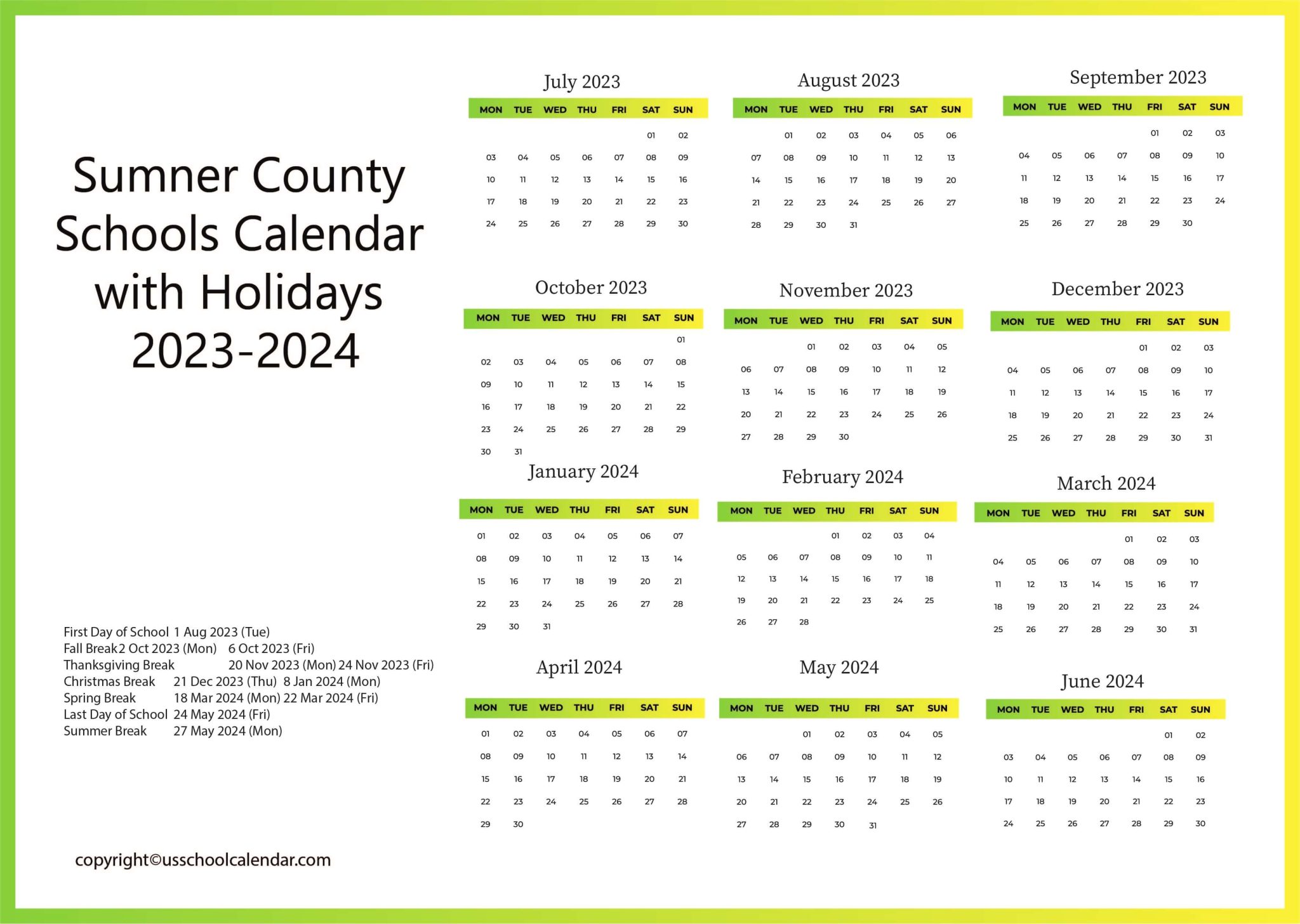 Sumner County Schools Calendar with Holidays 20232024