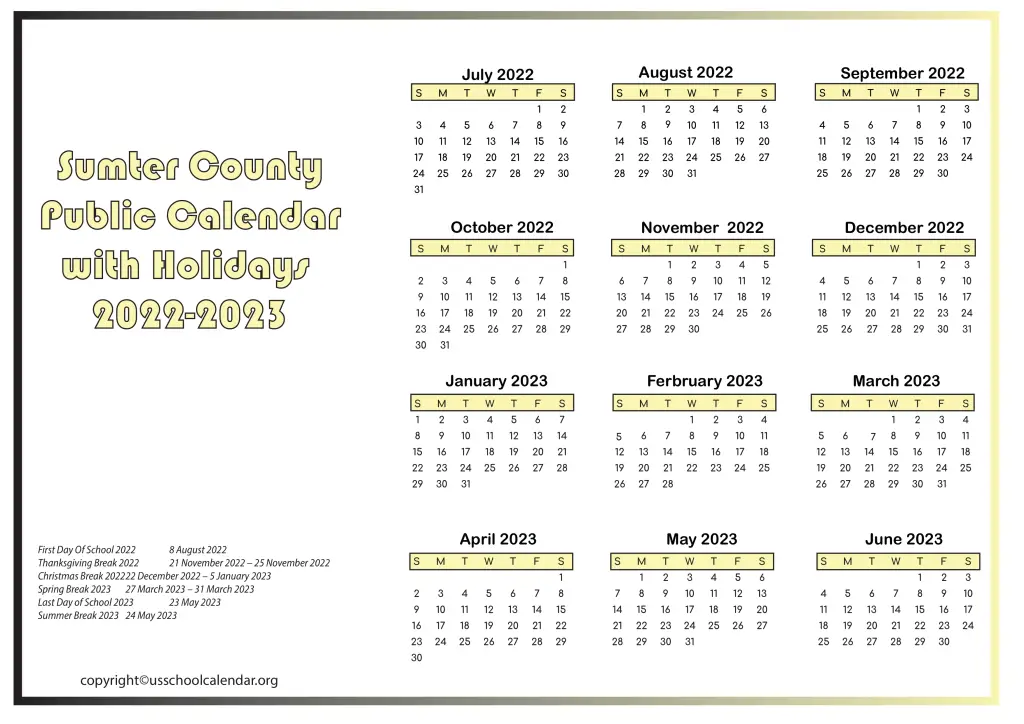 Sumter County Public Calendar with Holidays 2022-2023