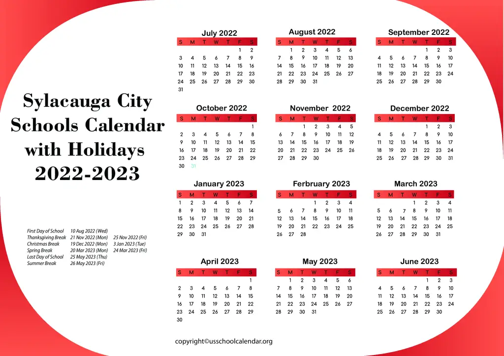 Sylacauga City Schools Calendar with Holidays 2022-2023