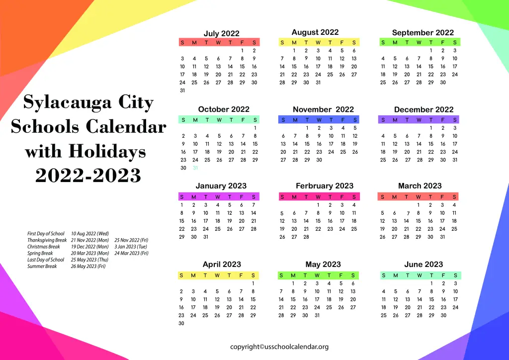 Sylacauga City Schools Calendar with Holidays 2022-2023 2