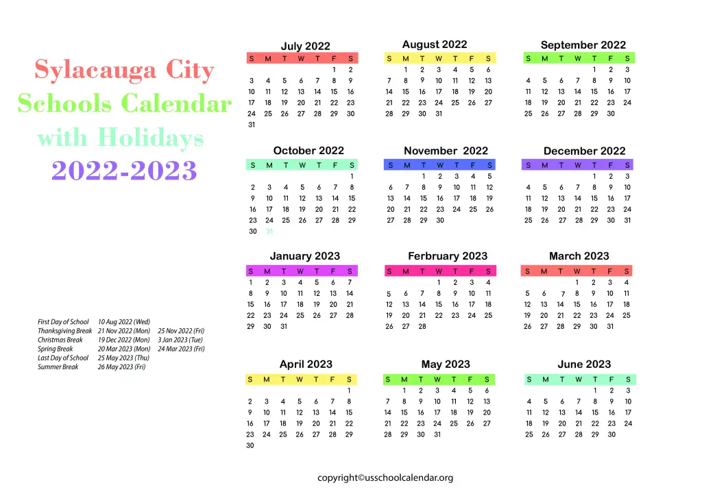 Sylacauga City Schools Calendar with Holidays 2022-2023 3