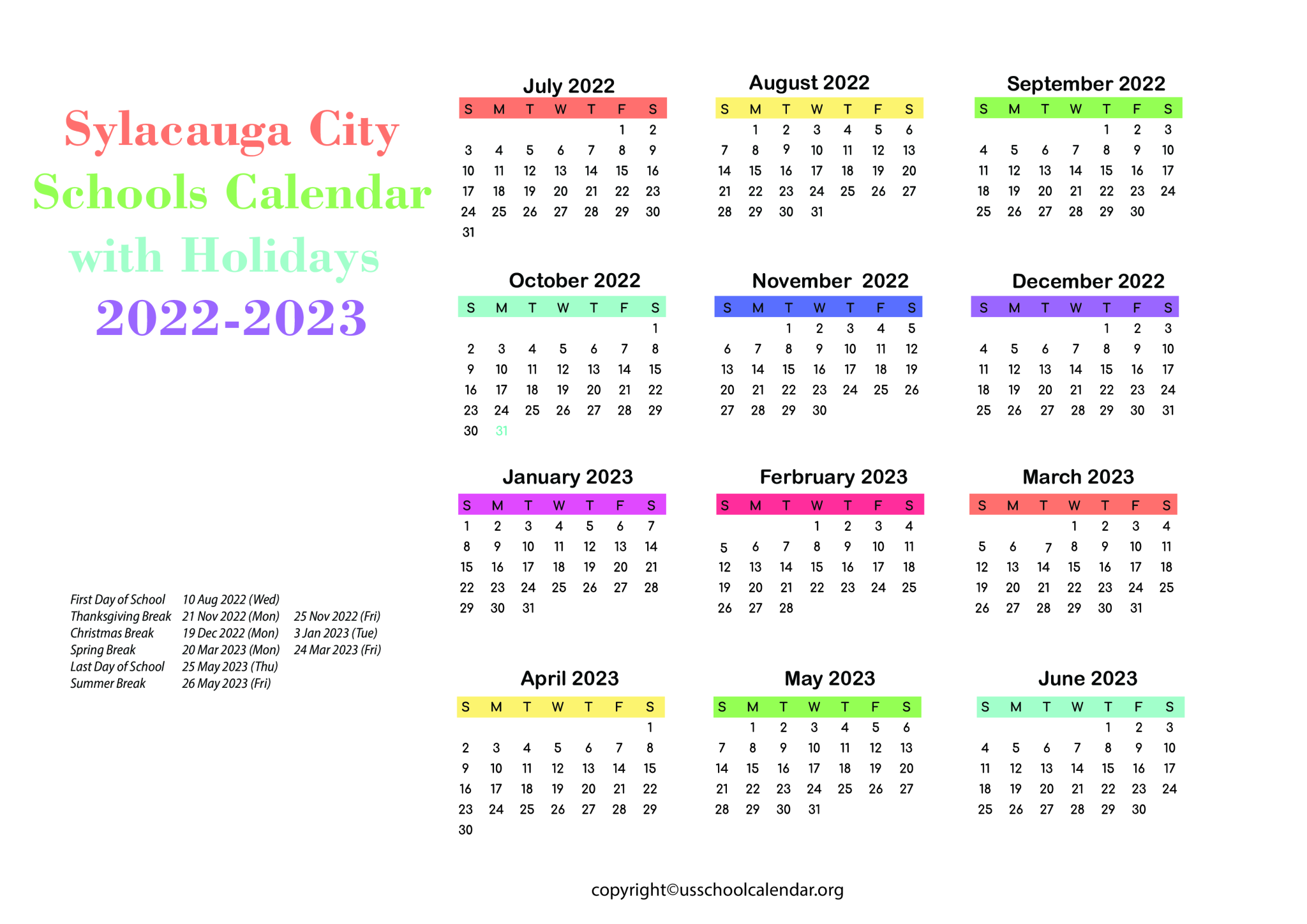 Sylacauga City Schools Calendar with Holidays 20222023